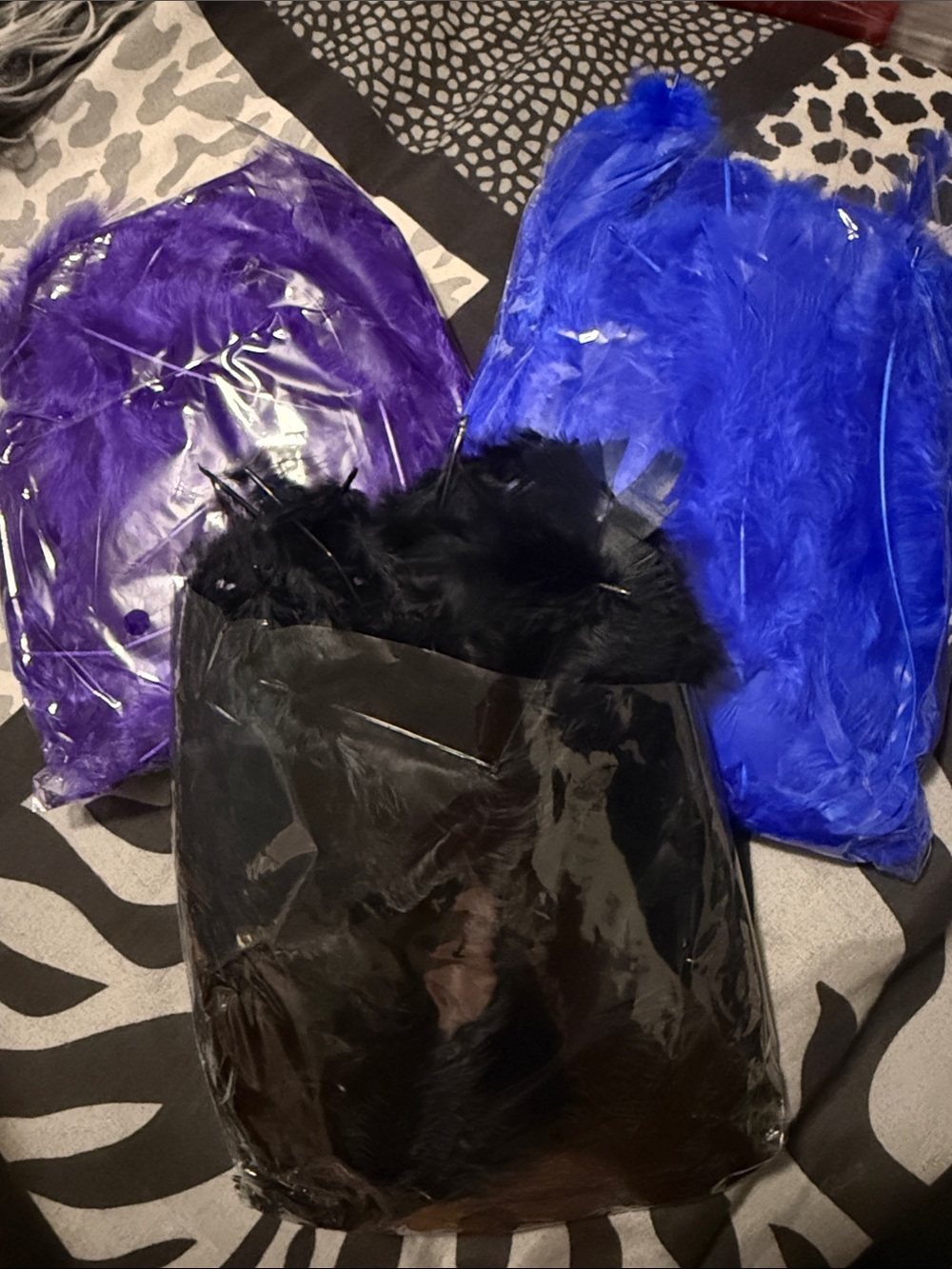 3 Pack Of Loose Feathers - Black, Purple & Blue